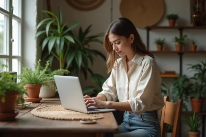 Jeune femme avec laptop dans un appartement cosy et écologique