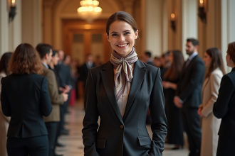 Jeune femme élégante en file d'attente lors d'un défilé de mode