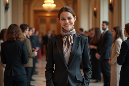 Jeune femme élégante en file d'attente lors d'un défilé de mode