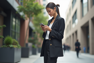 Jeune femme en blazer moderne dans une rue urbaine