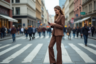 Jeune femme confiante dans la rue en blazer tendance
