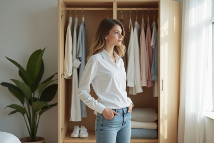 Jeune femme devant un placard organisé dans une chambre lumineuse
