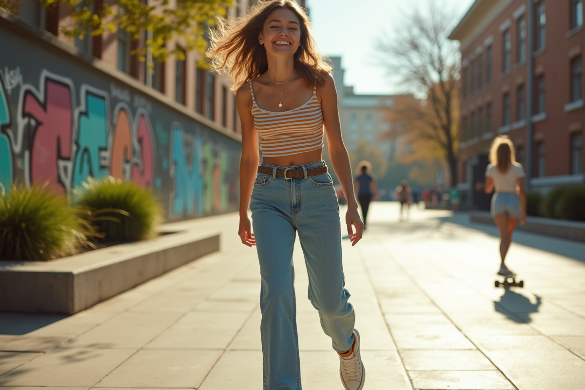 Jeune femme en skate dans une ville ensoleillee