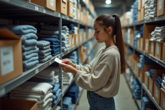 Jeune femme triant des vêtements dans un entrepôt organisé