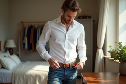 Jeune homme en blanc ajustant sa ceinture en cuir dans une chambre lumineuse