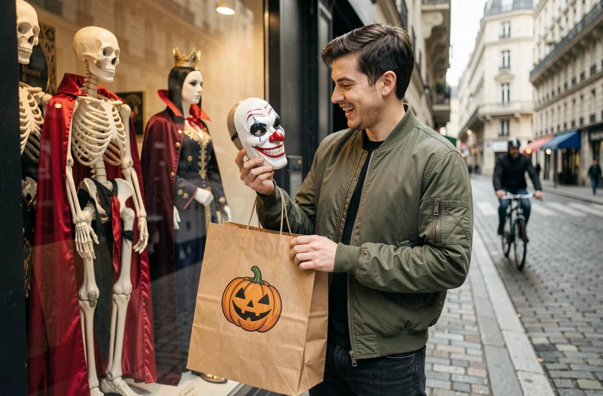 Jeune homme devant une boutique de costumes Halloween à Paris tenant un masque de cosplay