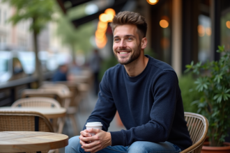 Jeune homme souriant avec café sur terrasse urbaine