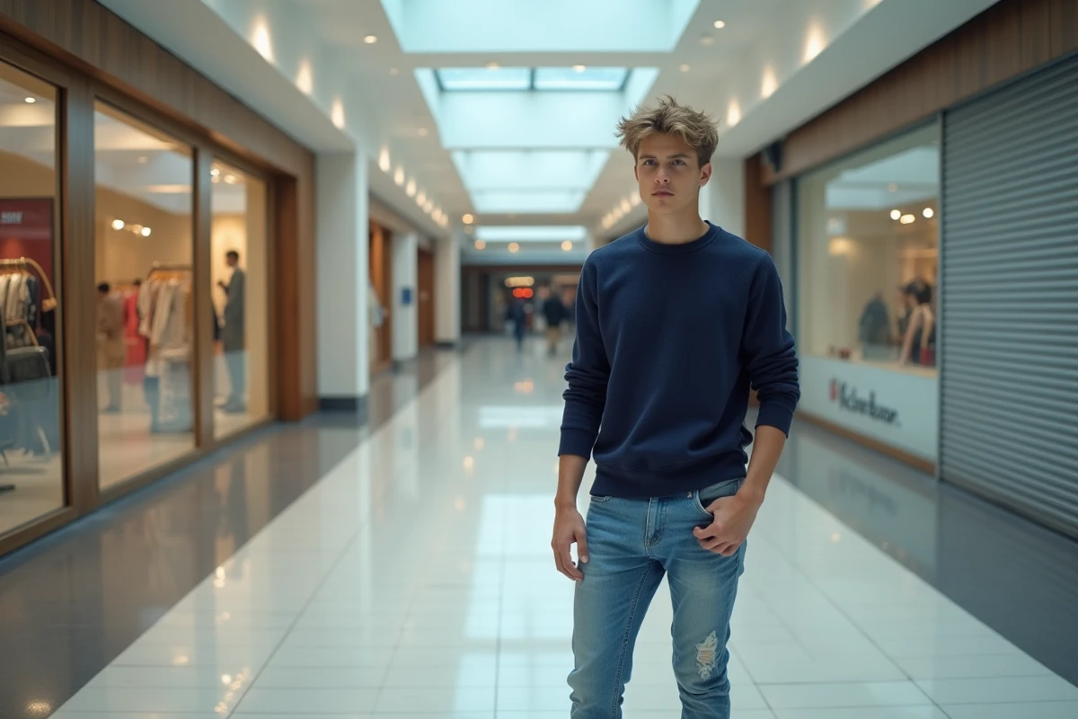 Jeune homme dans un couloir de centre commercial vide et fermé