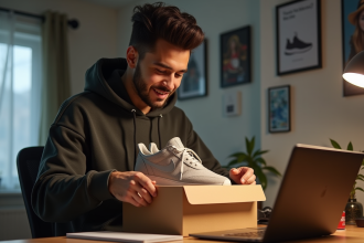 Jeune homme déballant des chaussures limitées à la maison