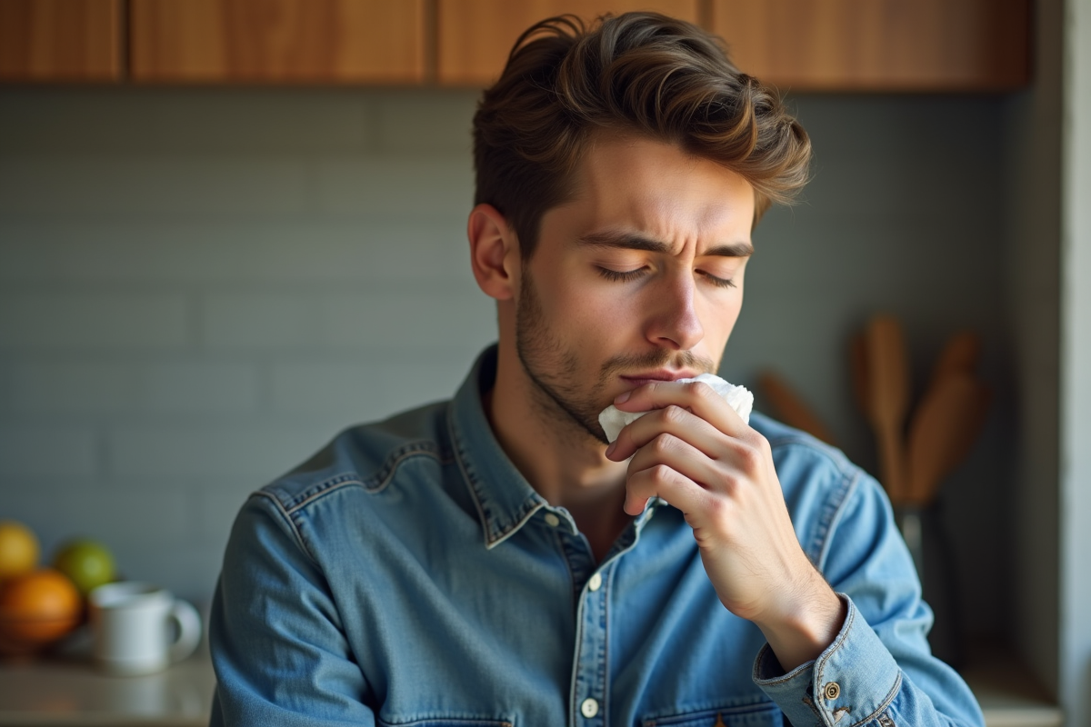 Jeune homme en chemise en denim se démaquillant dans la cuisine