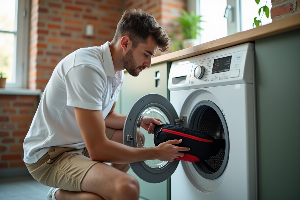 Jeune homme plaçant un sac à dos dans la machine à laver