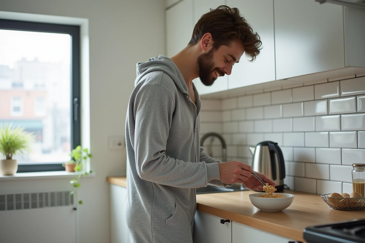 Jeune homme en grenouillère gris chiné dans une cuisine d'appartement lors d'un matin détendu