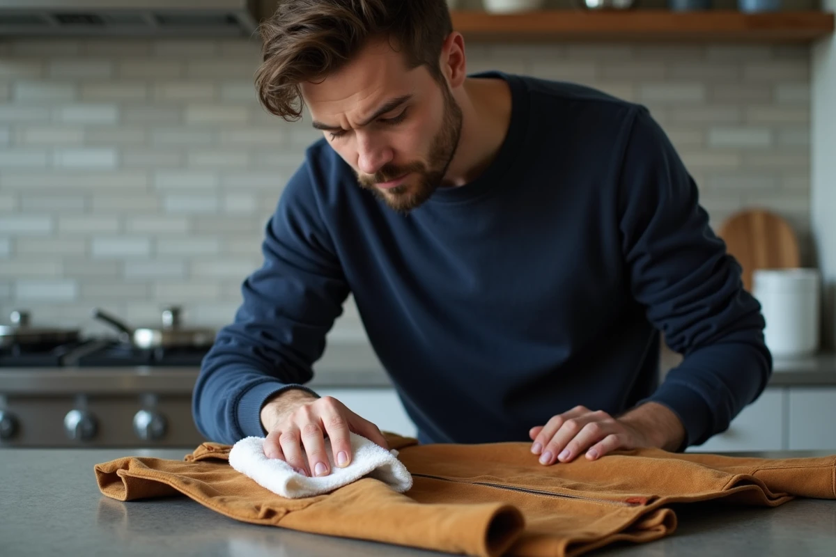 Jeune homme essuyant une veste en suede marron