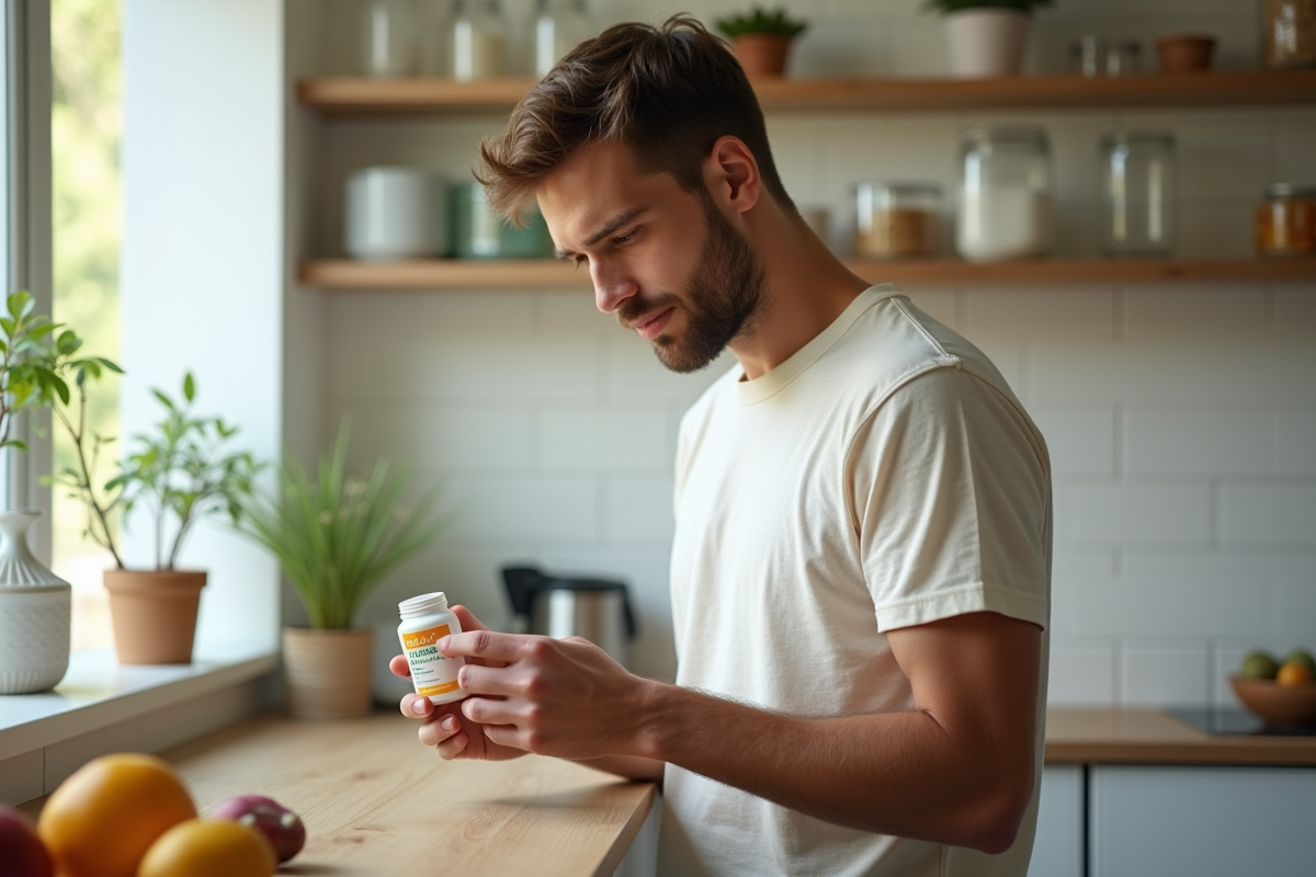 Jeune homme lisant une bouteille de compléments alimentaires