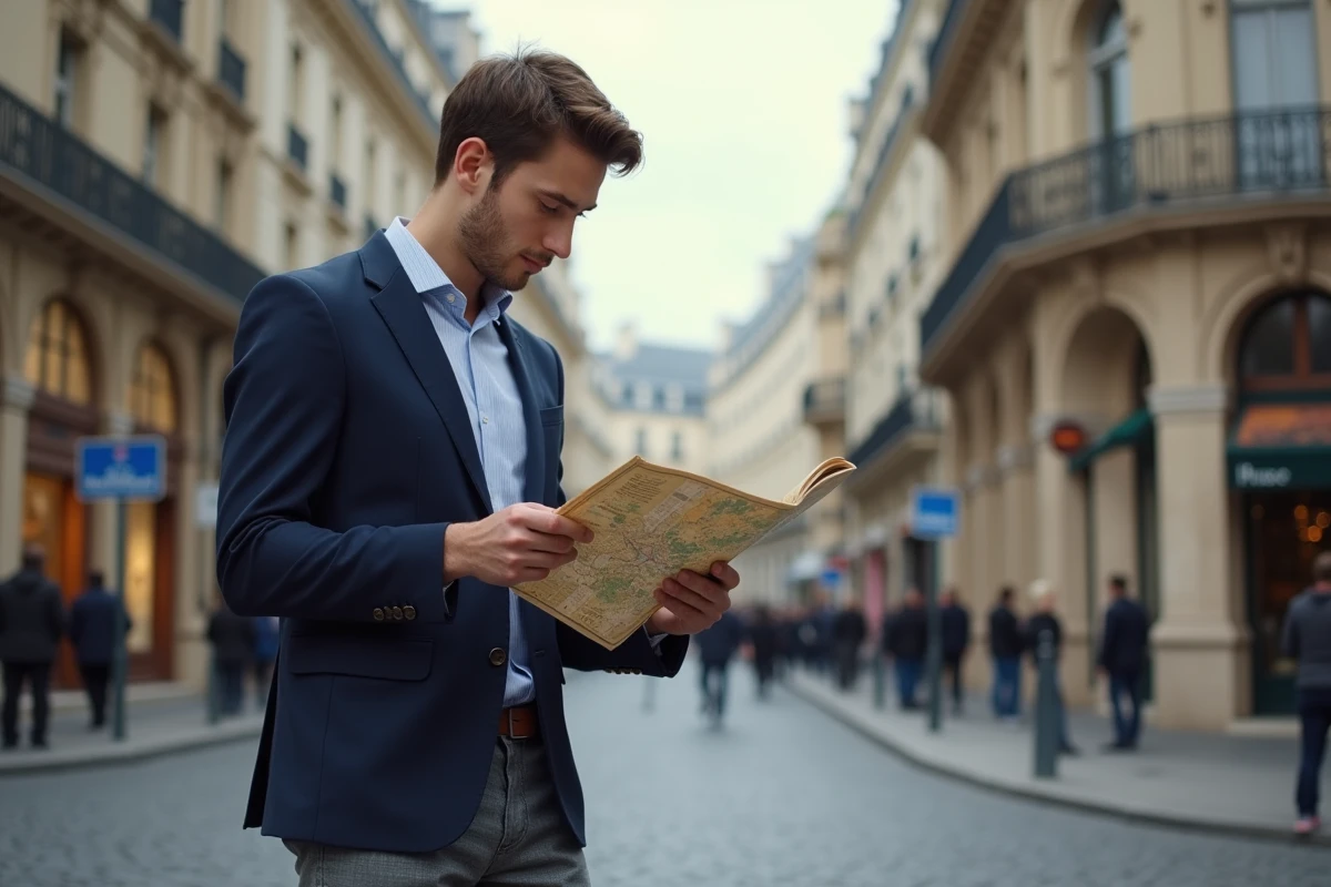 Jeune homme en blazer vérifiant une carte dans Paris