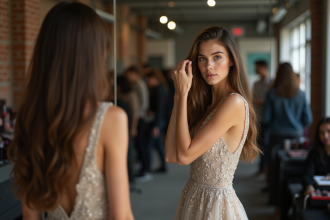 Jeune mannequin en backstage ajustant ses cheveux dans une robe élégante