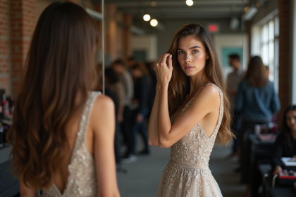 Jeune mannequin en backstage ajustant ses cheveux dans une robe élégante