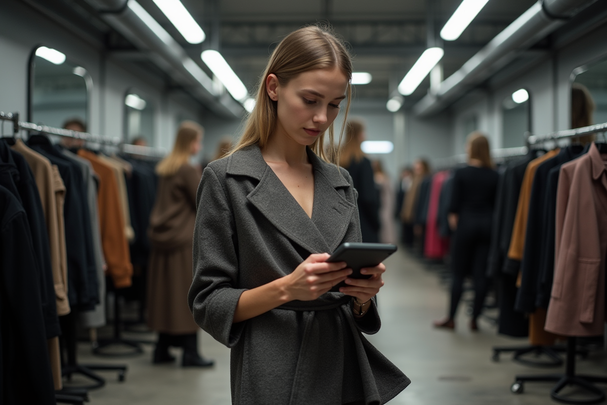 Jeune mannequin en backstage vérifiant son programme sur une tablette