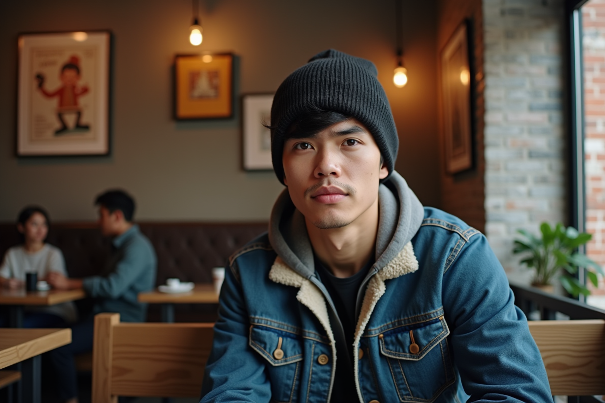 Jeune homme en denim dans un café chaleureux