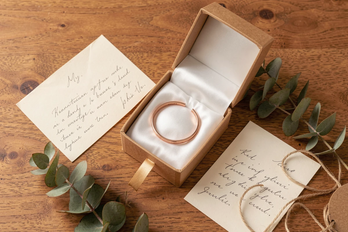 Jonc en or rose gravé dans un écrin cadeau entouré d'accessoires de papeterie sur bois