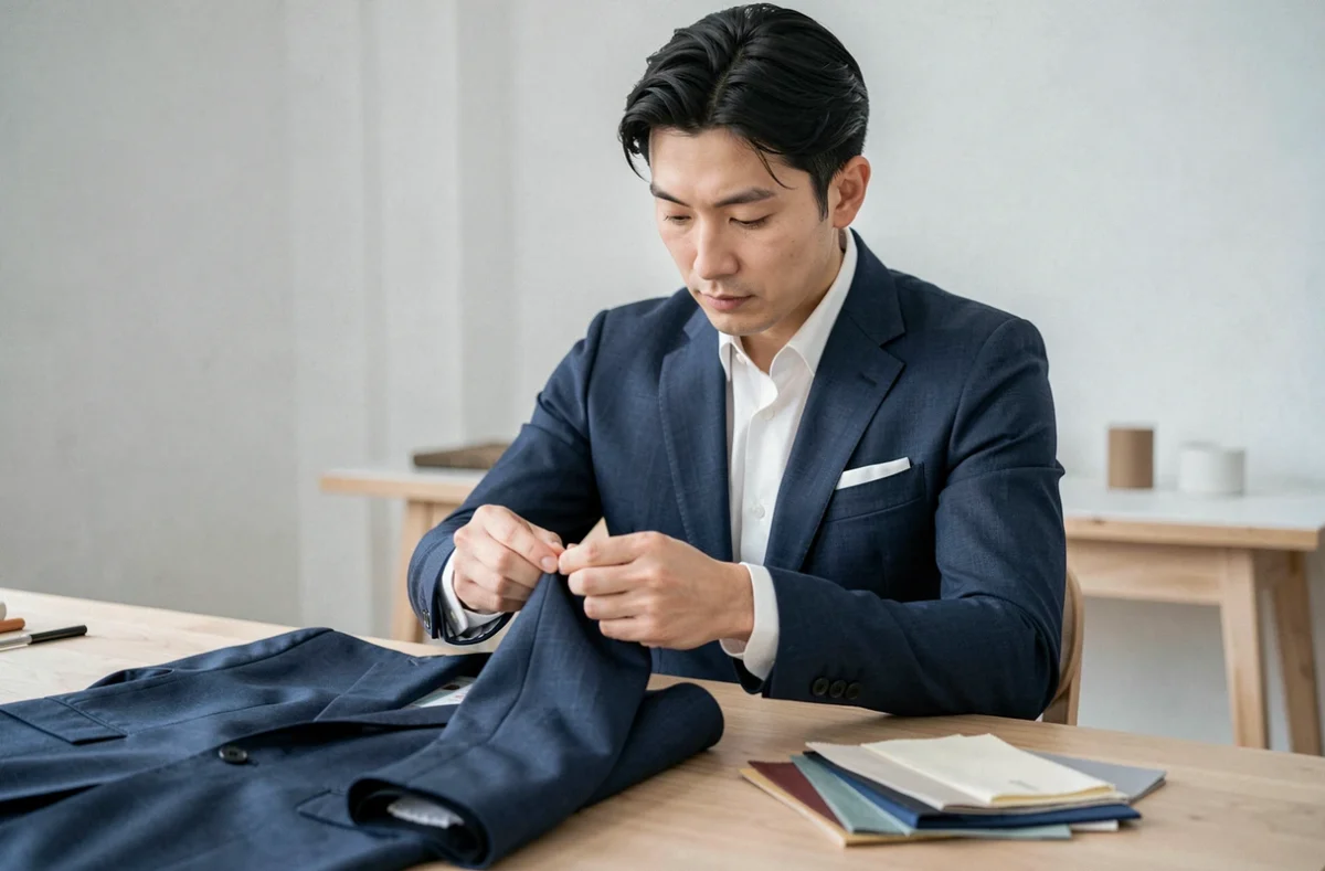Tailleur Kenjiro Suzuki en costume bleu nuit examinant une manche de veste dans son studio parisien épuré