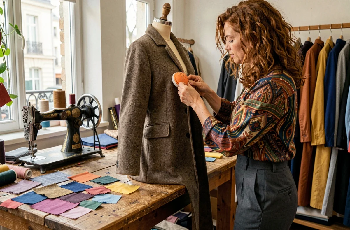 Artisane de L'Apiéceur ré-épinglant l'ourlet d'un manteau sur un mannequin dans un atelier parisien créatif et coloré