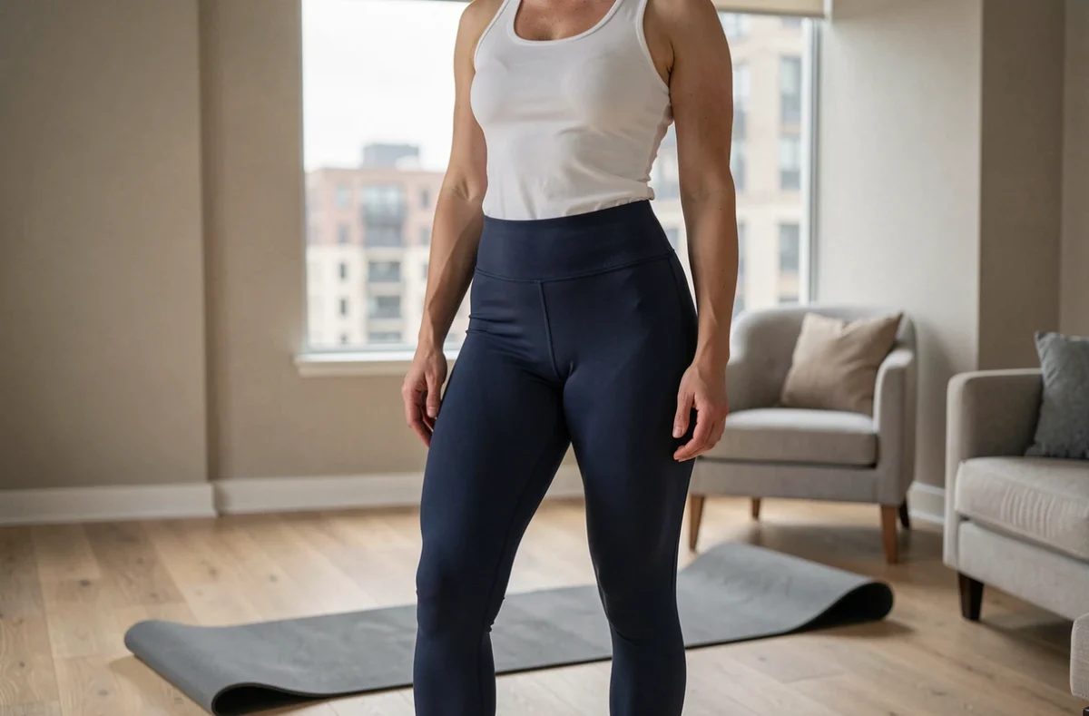 Femme portant un legging minceur marine dans un salon moderne avec tapis de yoga, vue 3/4 corps entier