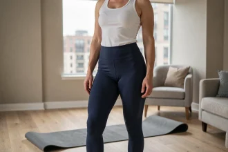 Femme portant un legging minceur marine dans un salon moderne avec tapis de yoga, vue 3/4 corps entier