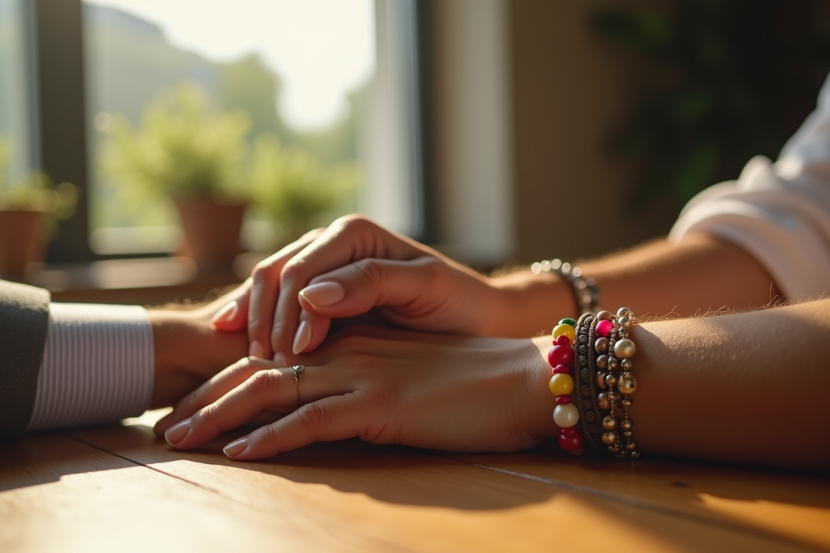 Mains avec bracelets colorés posées sur une table en bois