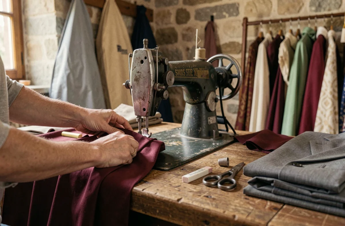 Gros plan sur les mains d'une couturière guidant un tissu bordeaux sous une machine à coudre professionnelle dans un atelier de Salon-de-Provence