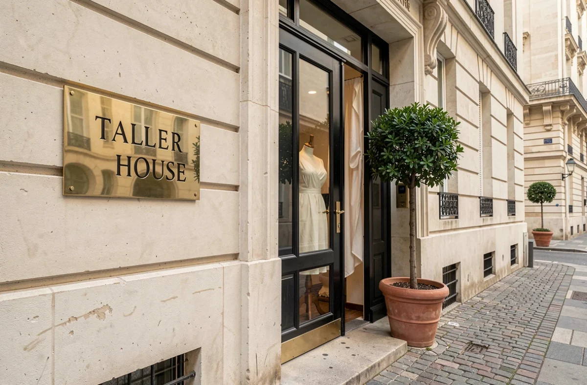 Entrée élégante de la Maison Gabriel dans le 6e arrondissement de Paris avec porte en bois verni et sign en laiton