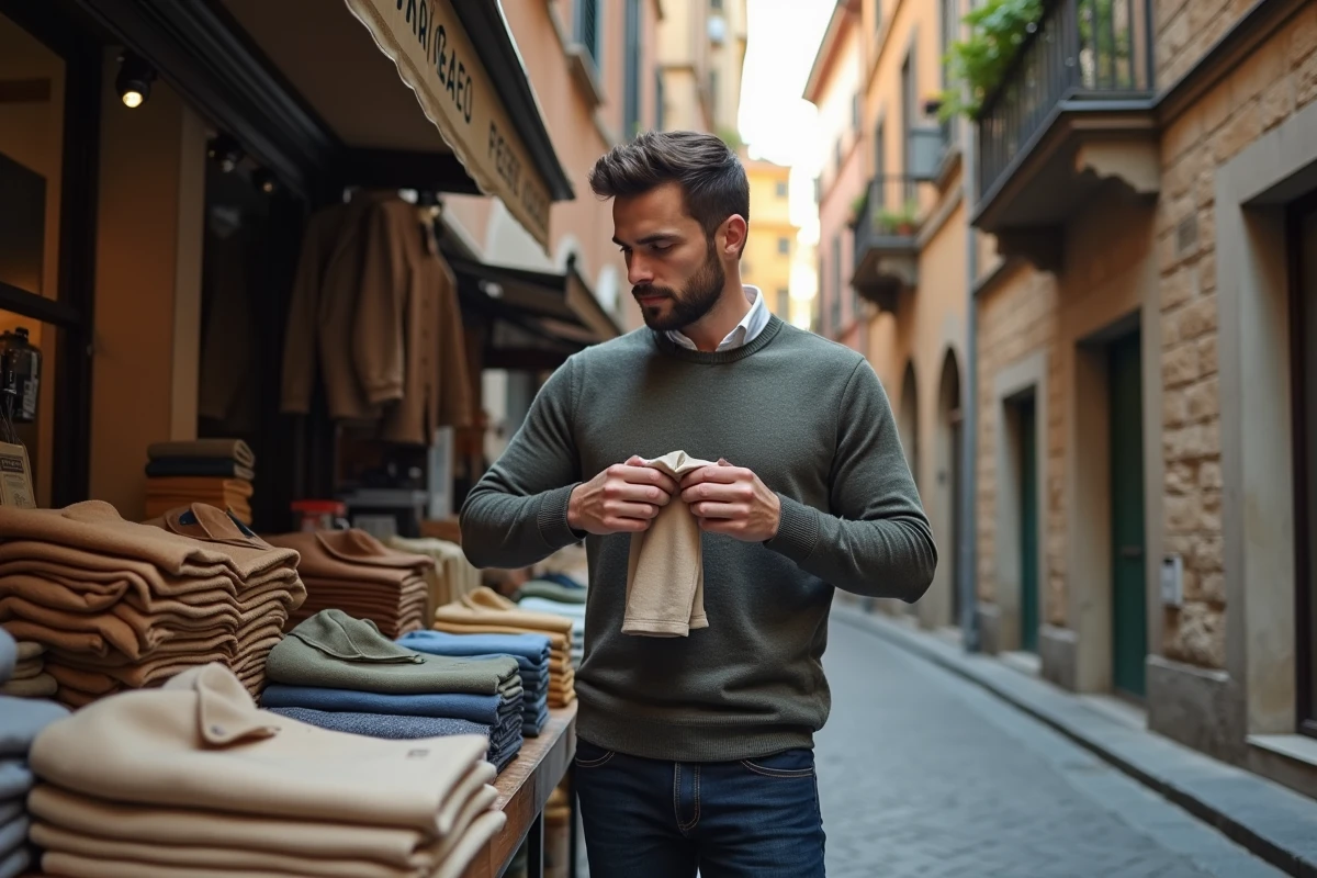 Homme inspectant la qualité d'une chemise en lin sur un marché artisanal de Milan lors des soldes éthiques en Italie