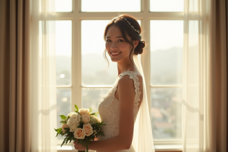 Mariée souriante avec coiffure courte et robe en dentelle