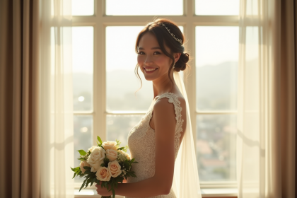 Mariée souriante avec coiffure courte et robe en dentelle