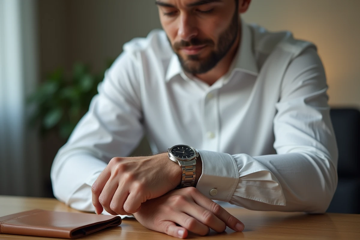 Homme élégant en chemise blanche attachant une montre personnalisée sur son poignet dans un bureau minimaliste