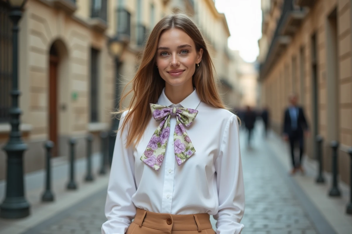 Jeune femme en chemise blanche et nœud papillon floral personnalisé en lavande et vert sauge dans une rue pavée européenne