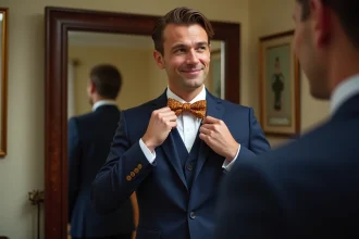 Homme en costume marine portant un nœud papillon personnalisé à motifs géométriques devant un miroir antique dans un dressing élégant