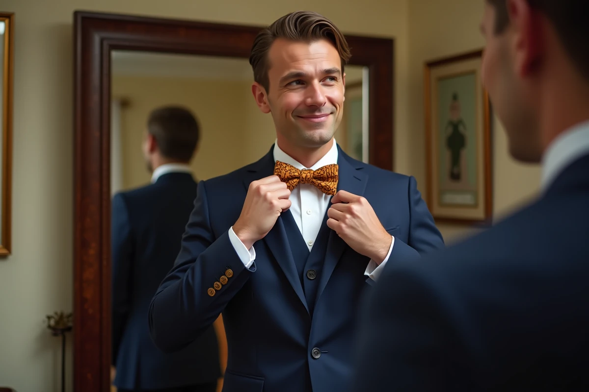 Homme en costume marine portant un nœud papillon personnalisé à motifs géométriques devant un miroir antique dans un dressing élégant