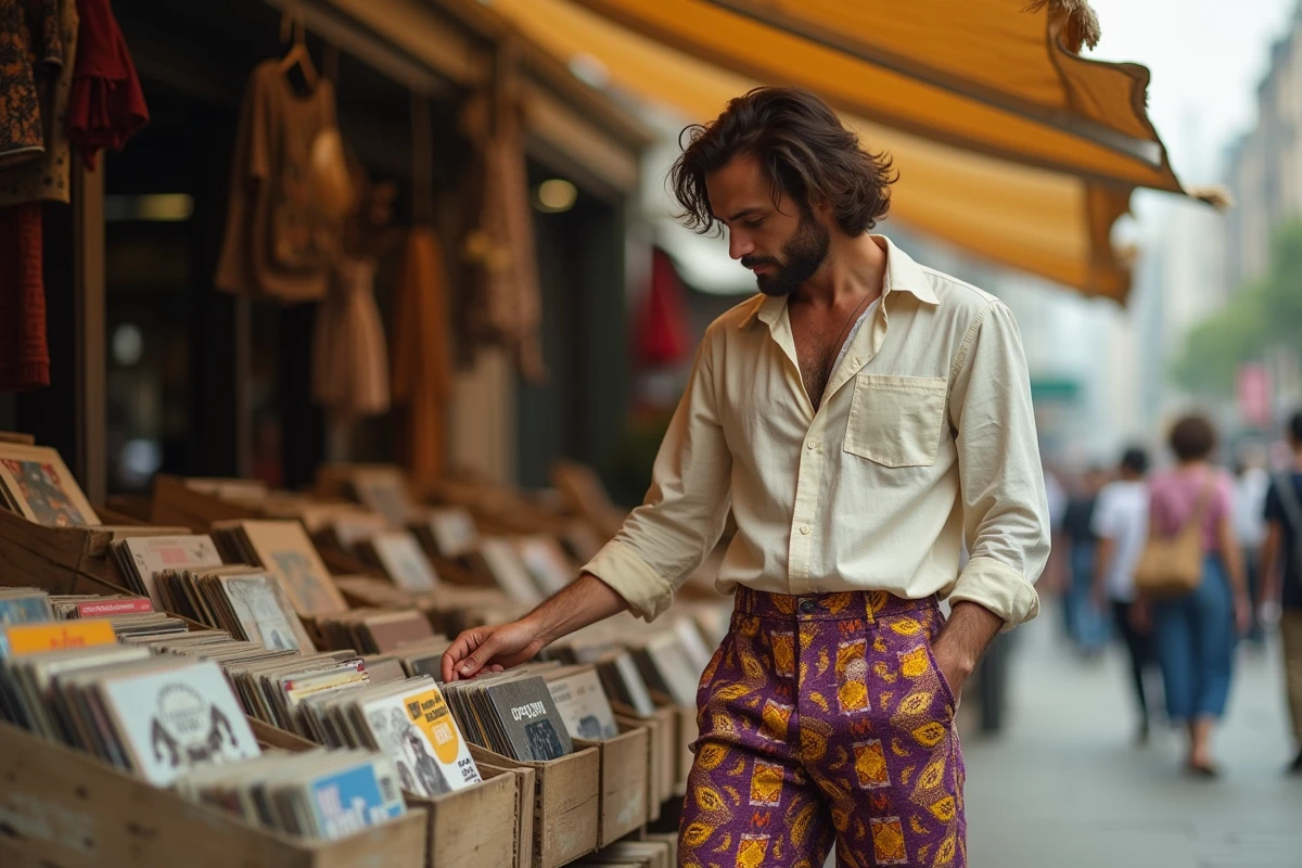 Homme en pantalon pattes d'éléphant à motif paisley coloré style hippie années 70 sur un marché vintage