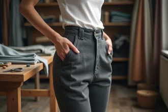 Femme dans un atelier de couture tenant un pantalon trop grand qui descend au niveau de la ceinture