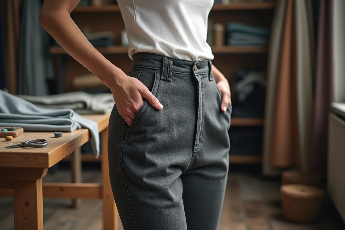 Femme dans un atelier de couture tenant un pantalon trop grand qui descend au niveau de la ceinture