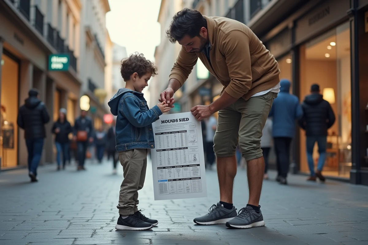 Père et fils examinant un guide de pointure dans la rue animée