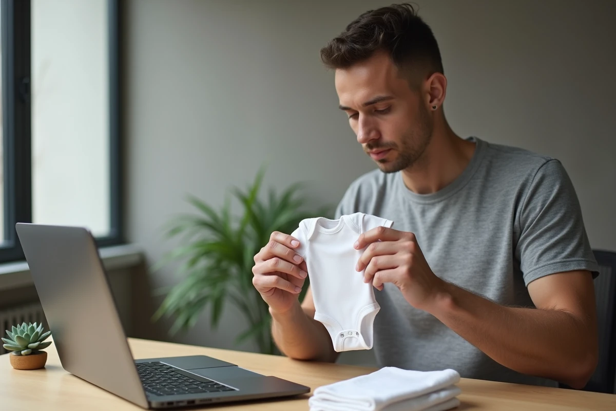 Homme consultant une interface de personnalisation en ligne pour un body bébé, tenant le vêtement dans les mains devant son ordinateur