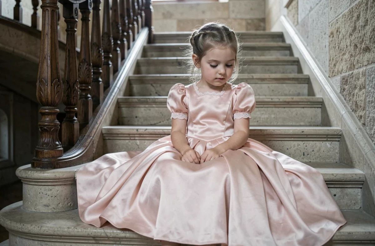 Petite fille en robe princesse rose pâle assise sur un escalier de château avec une expression rêveuse et élégante