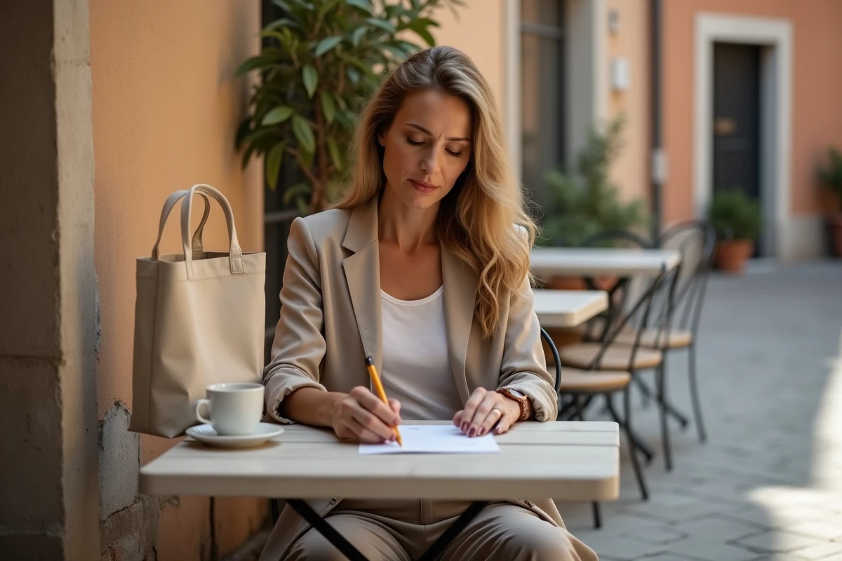 Femme planifiant ses achats responsables lors des soldes en Italie 2026 depuis une terrasse de café à Rome