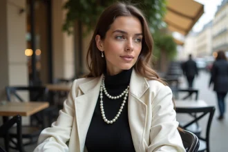 Jeune femme portant un long collier de perles de culture noué de façon décontractée sur un col roulé noir dans un café parisien