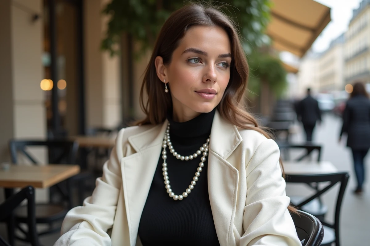Jeune femme portant un long collier de perles de culture noué de façon décontractée sur un col roulé noir dans un café parisien