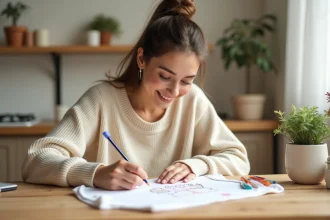 Jeune femme préparant un visuel personnalisé pour un body bébé, assise à une table en bois avec des croquis et un body blanc