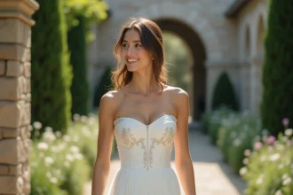 Femme portant une robe bustier longue blanche lors d'un mariage en extérieur dans un jardin fleuri