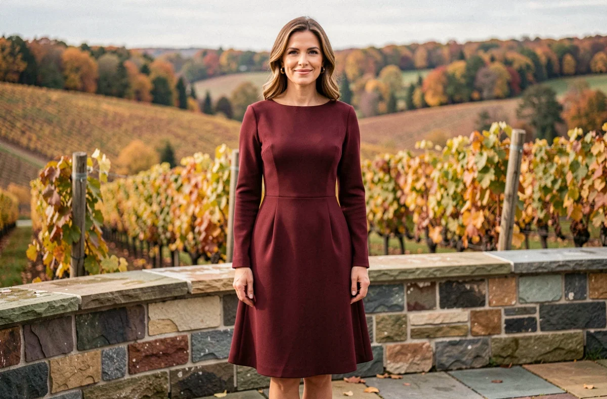 Femme en robe de cocktail bordeaux manches longues sur une terrasse en pierre avec vue sur un vignoble lors d'un mariage automnal